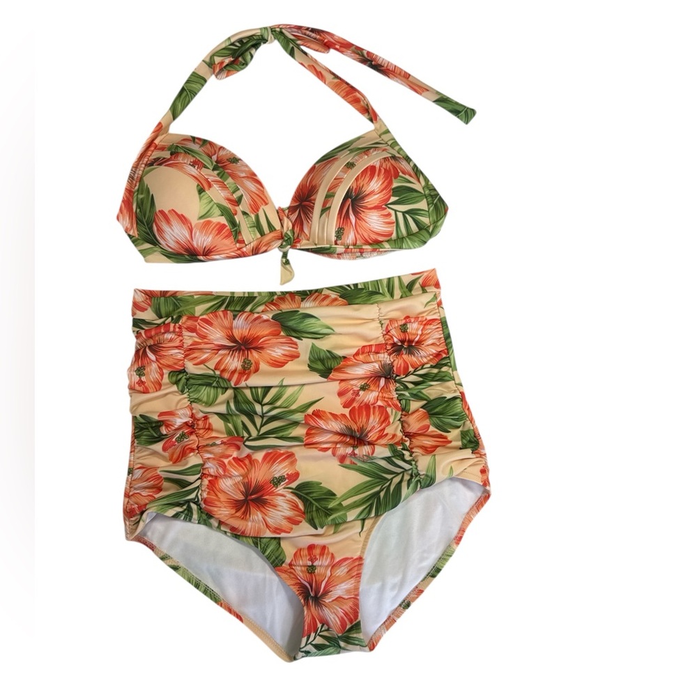 COCOSHIP 3XL High Waist Floral Bikini Set Halter Top Retro Swimsuit Tropical